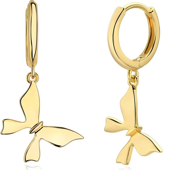 Butterfly Gold Dangle Hoop Earrings - Picture 2 of 2